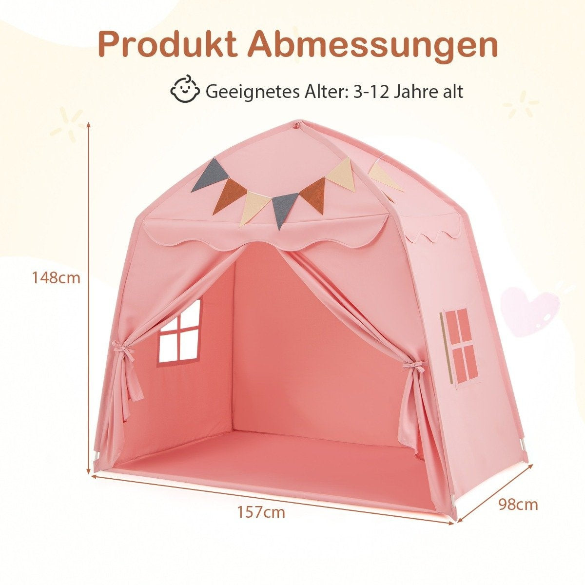 Playhouse Children's Indoor Children's Tent with Flags and Fairy Lights Princess Play Tent Pink
