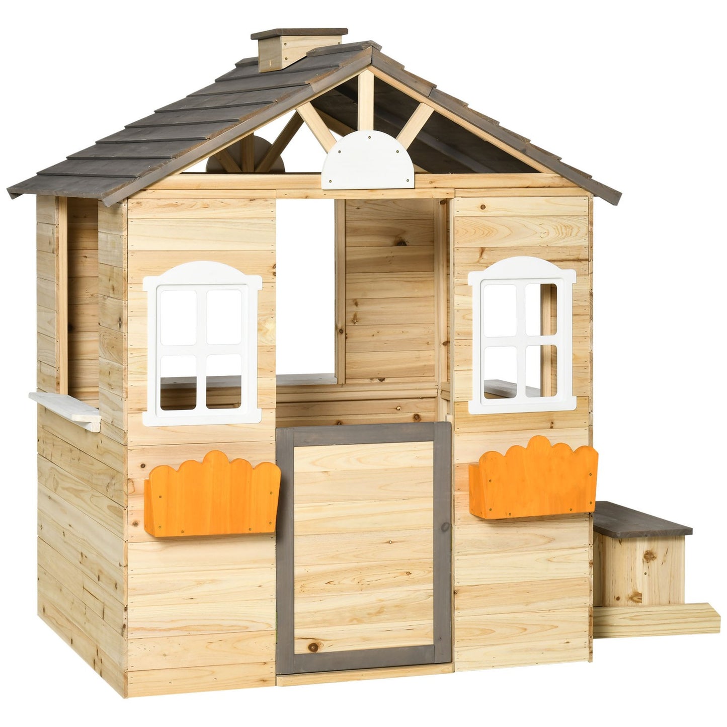Wooden outdoor playhouse for children with flowers and mailbox