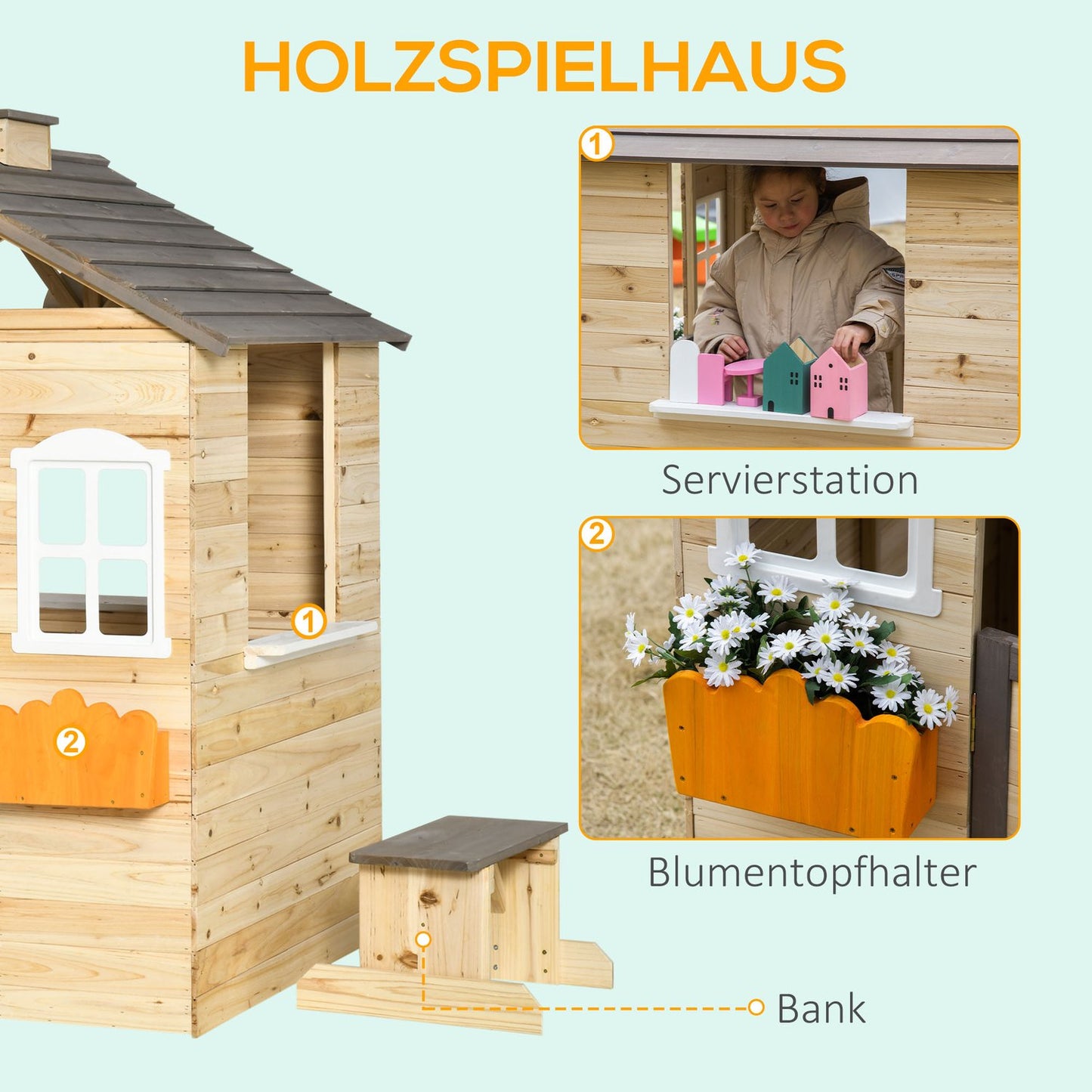 Wooden outdoor playhouse for children with flowers and mailbox