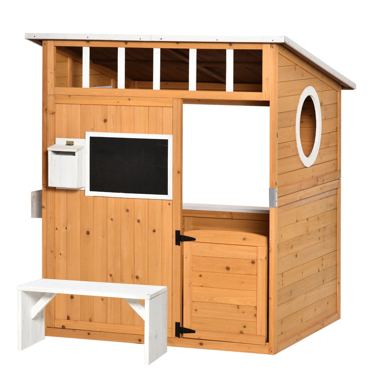 Wooden outdoor playhouse for children with window and mailbox