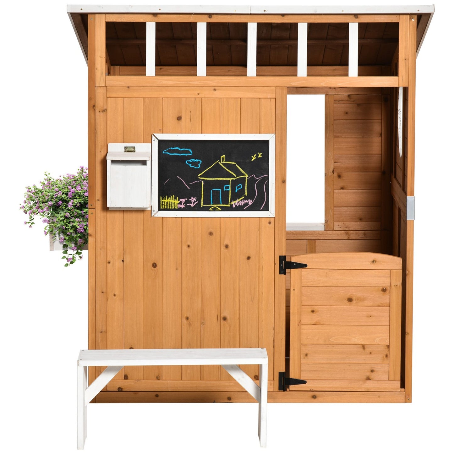 Wooden outdoor playhouse for children with window and mailbox