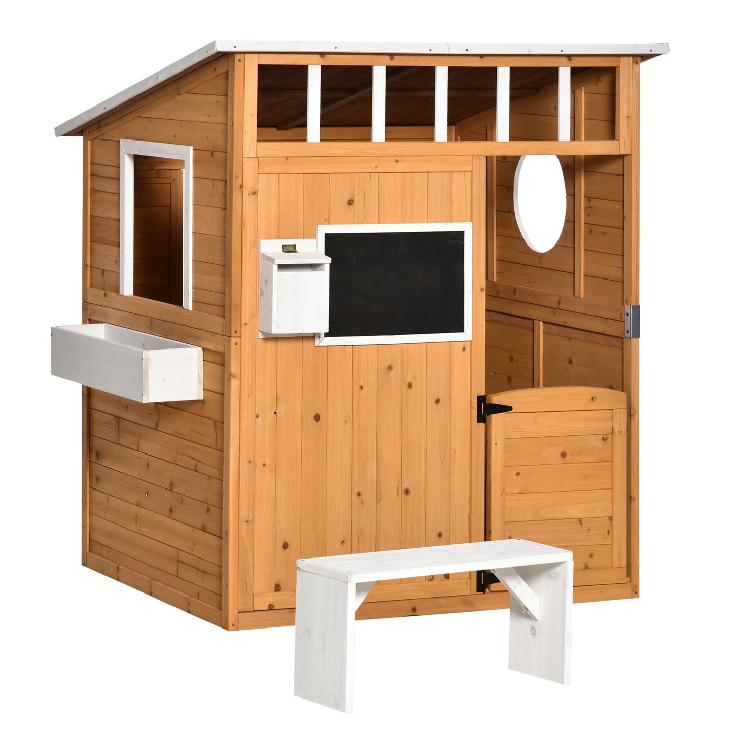 Wooden outdoor playhouse for children with window and mailbox