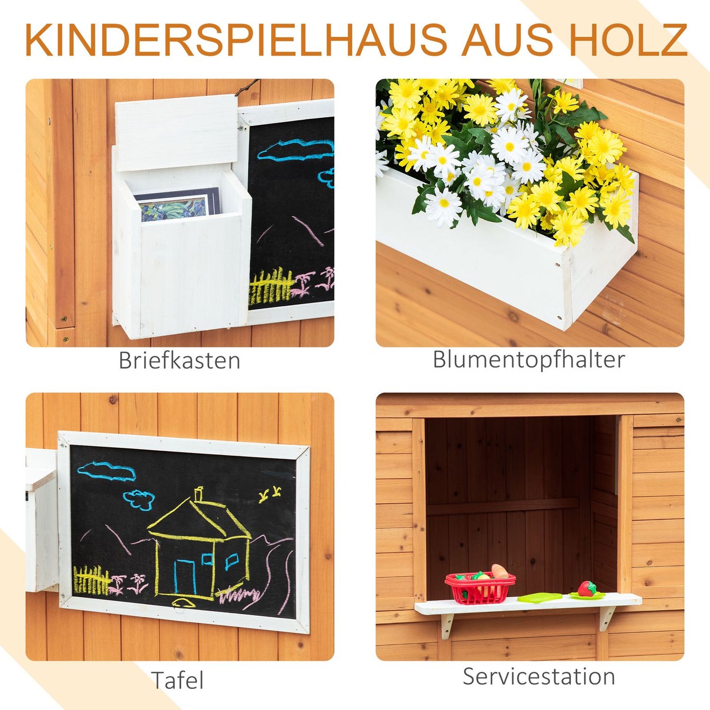 Wooden outdoor playhouse for children with window and mailbox