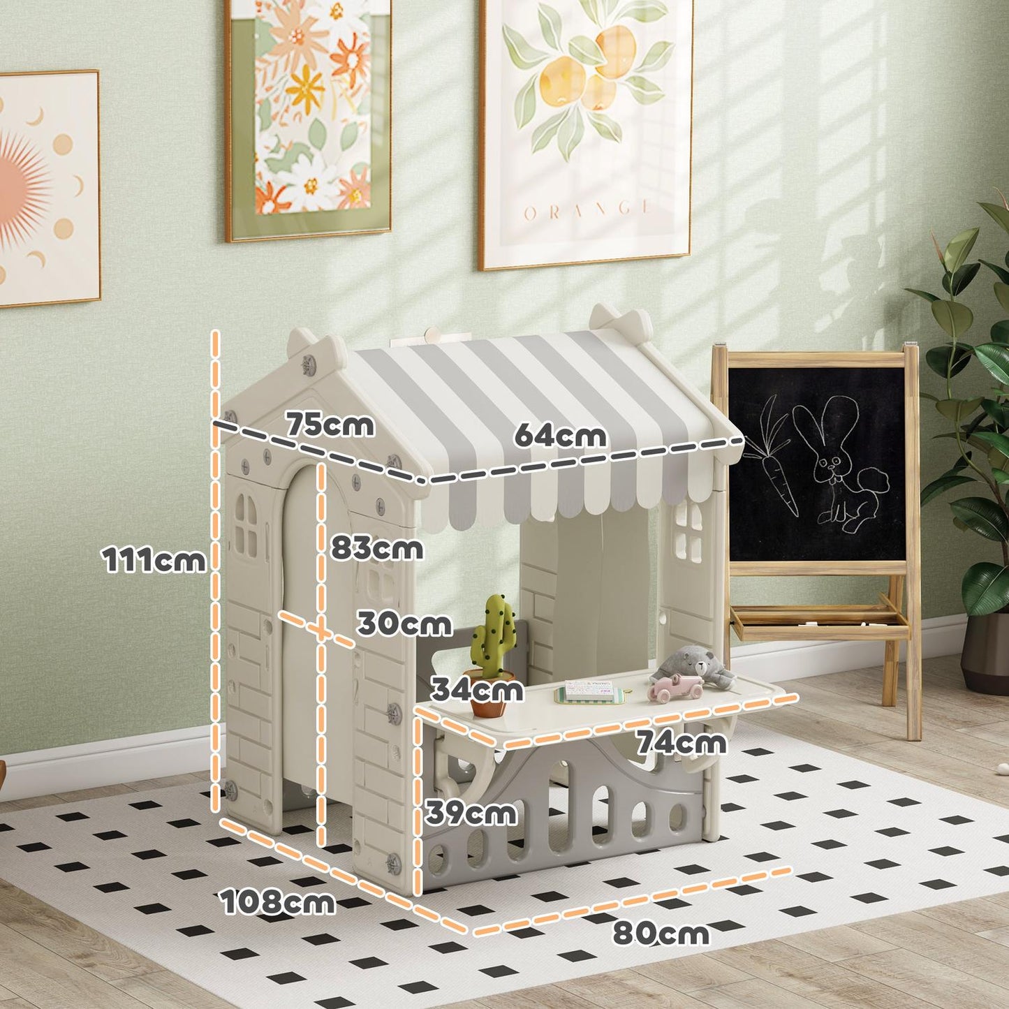 Playhouse for children aged 1-6 years with doors and windows