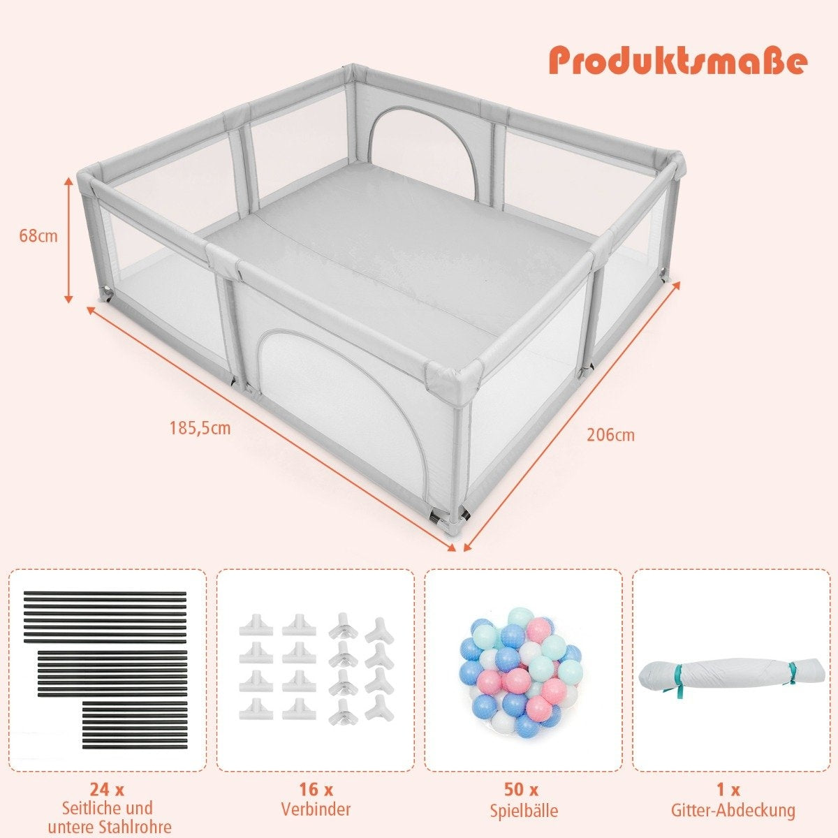 Playpen Tent for Infants and Toddlers Playpen with 2 Doors Gray