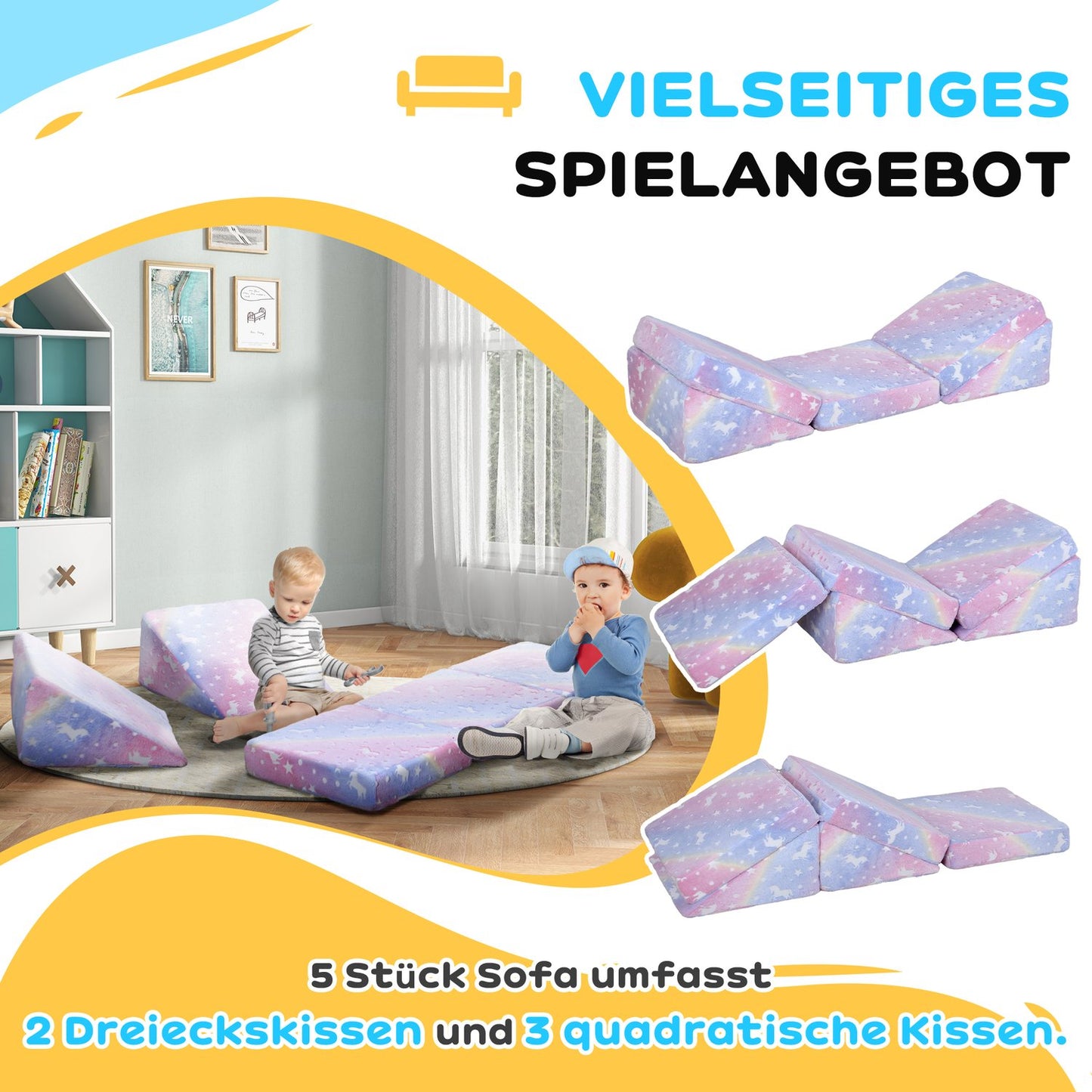 Children's sofa in foam, reclining, glowing pink velvet, 5-part