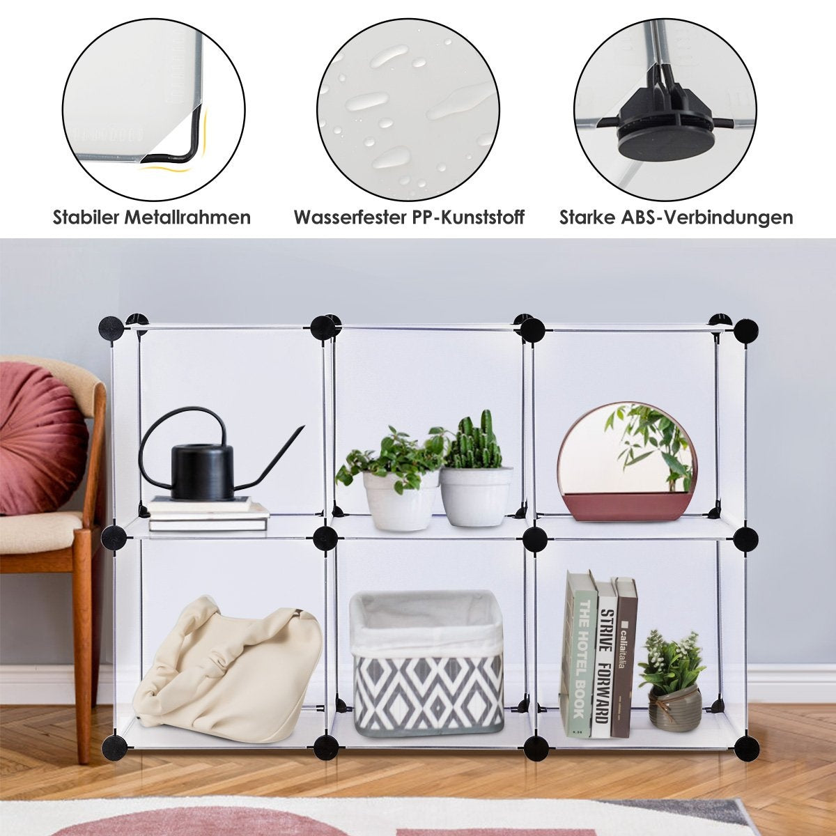Plug-in shelf made of 6 cubes DIY cube shelf stackable made of plastic shelving system step shelf white