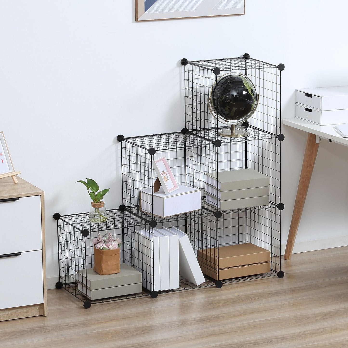 Modular wire storage shelf - 6 cubes, black, 109 x 37 x 109 cm