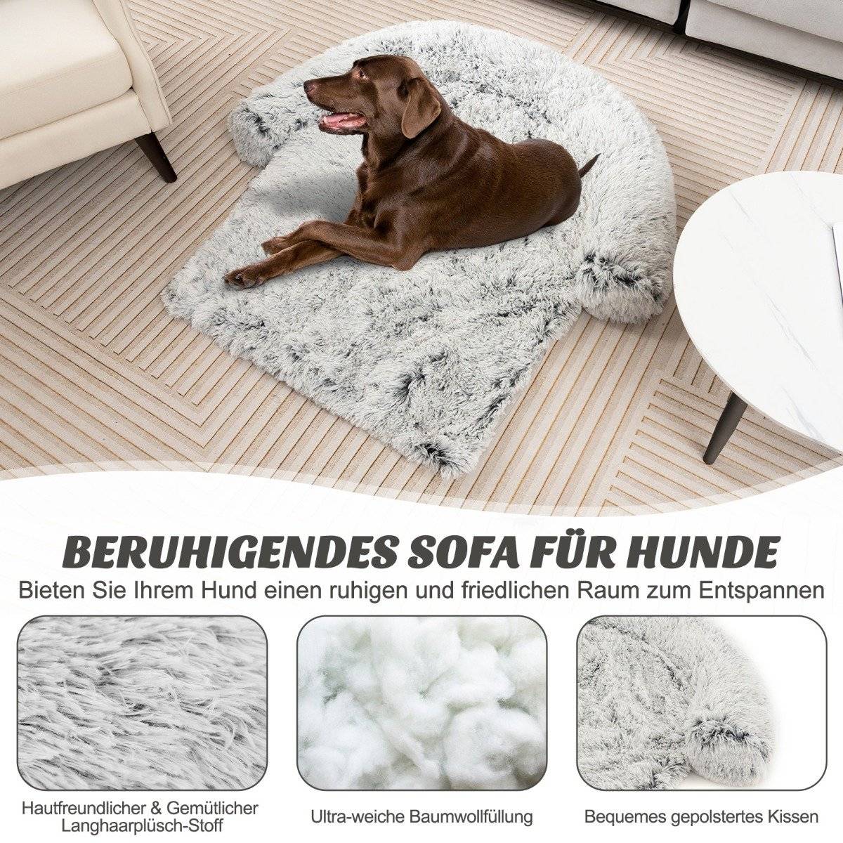 Plush bed for dogs with non-slip base, removable washable cover and soft neck roll, large 115 x 120 cm, grey-white