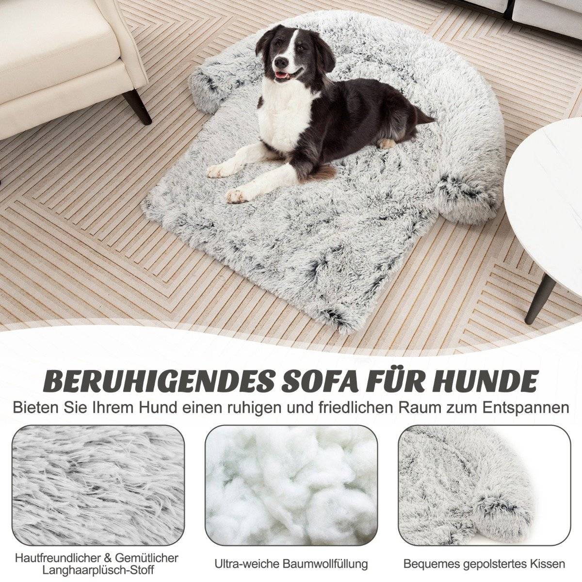 Plush dog bed with non-slip base, removable washable cover and soft bolster, medium size 112 x 101 cm, grey-white