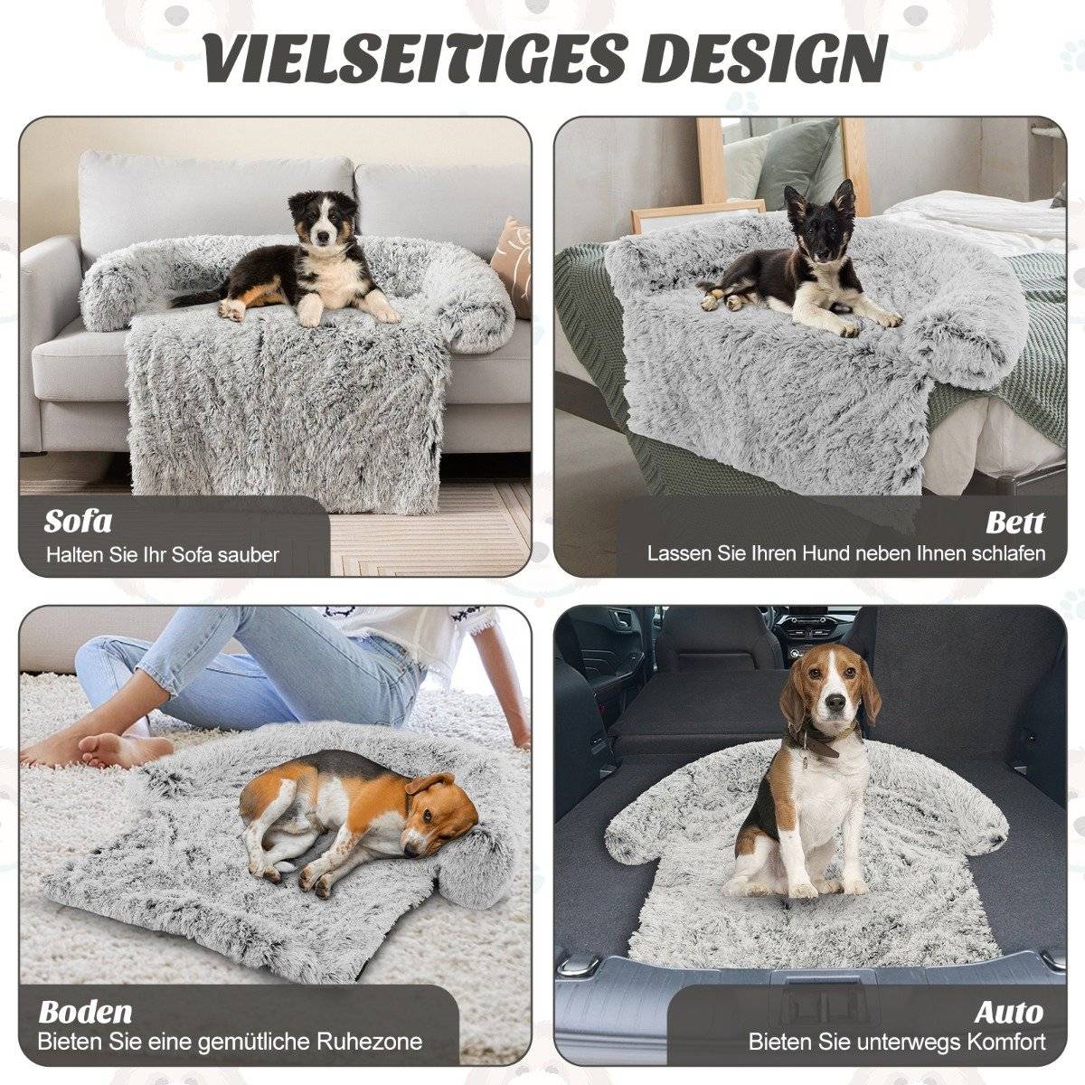 Plush dog bed with non-slip base, removable washable cover and soft bolster, medium size 112 x 101 cm, grey-white