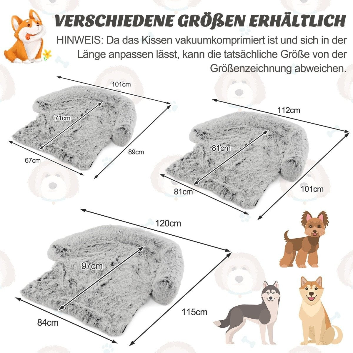 Plush dog bed with non-slip base, removable washable cover and soft bolster, medium size 112 x 101 cm, grey-white