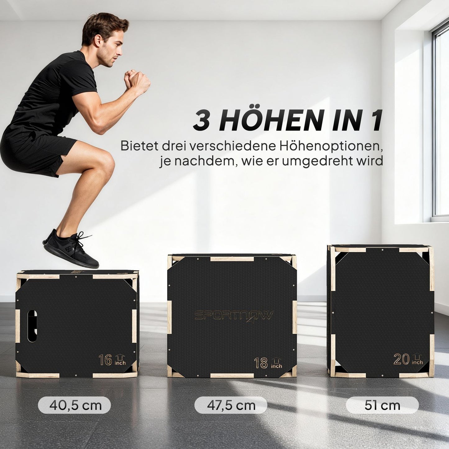 Plyometric Jump Box, Adjustable Heights, Plywood, Black
