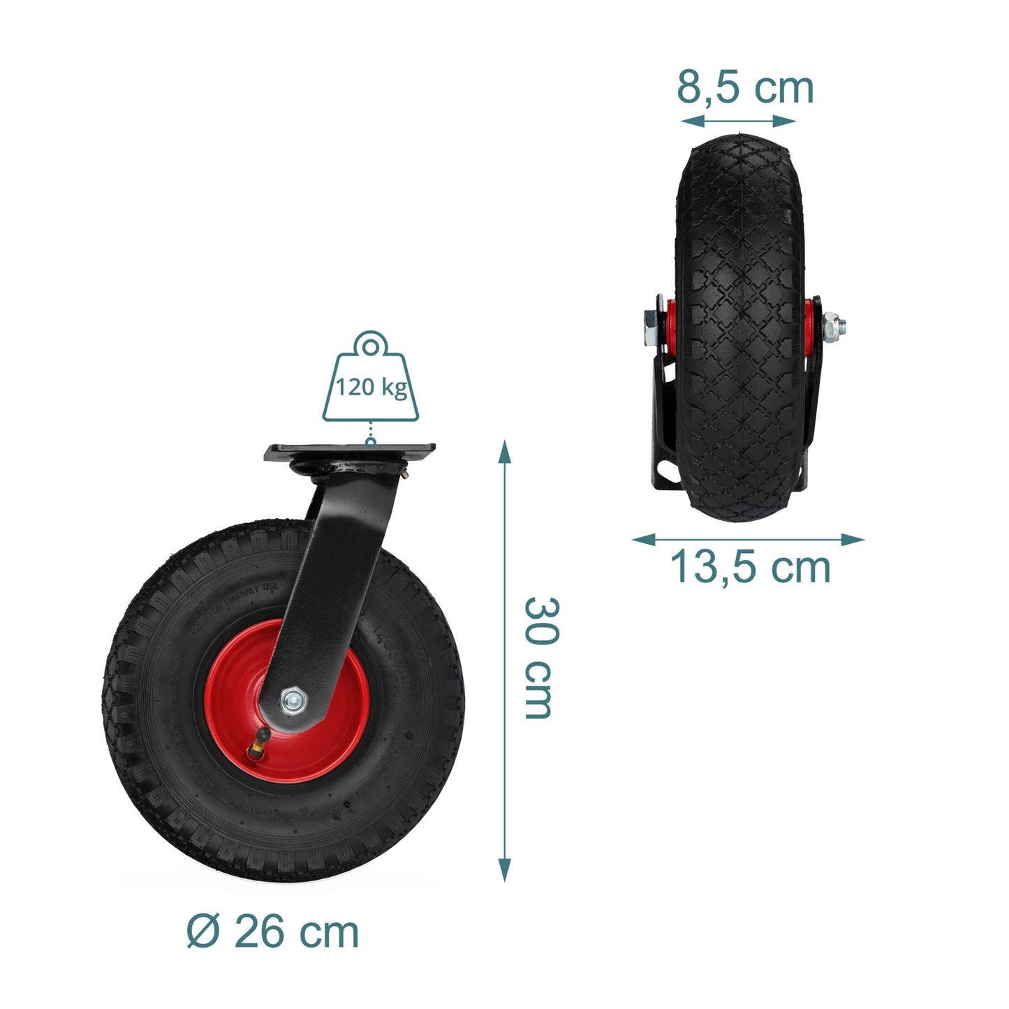 Pneumatic Castor Set for Transport Trolleys, Steel & Rubber