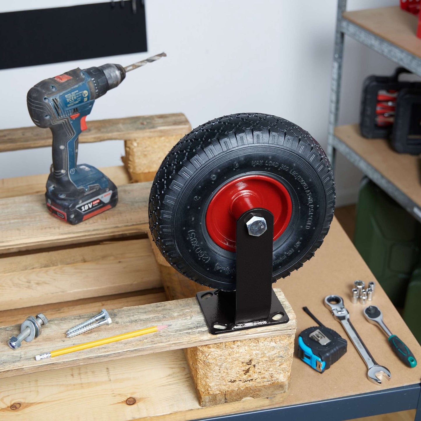 Pneumatic Castor Set for Transport Trolleys, Steel & Rubber