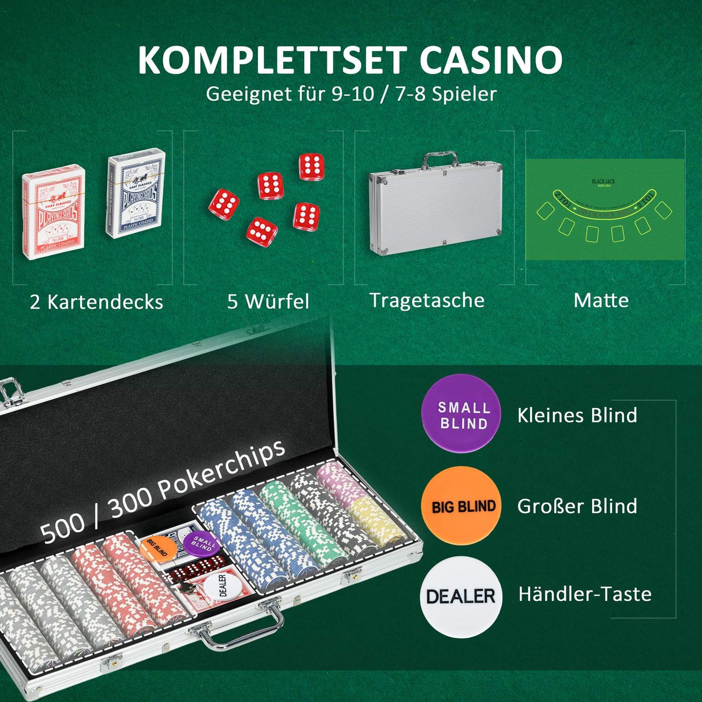 Professional Poker Set - 500 chips, lock case, 2 decks, 5 dice