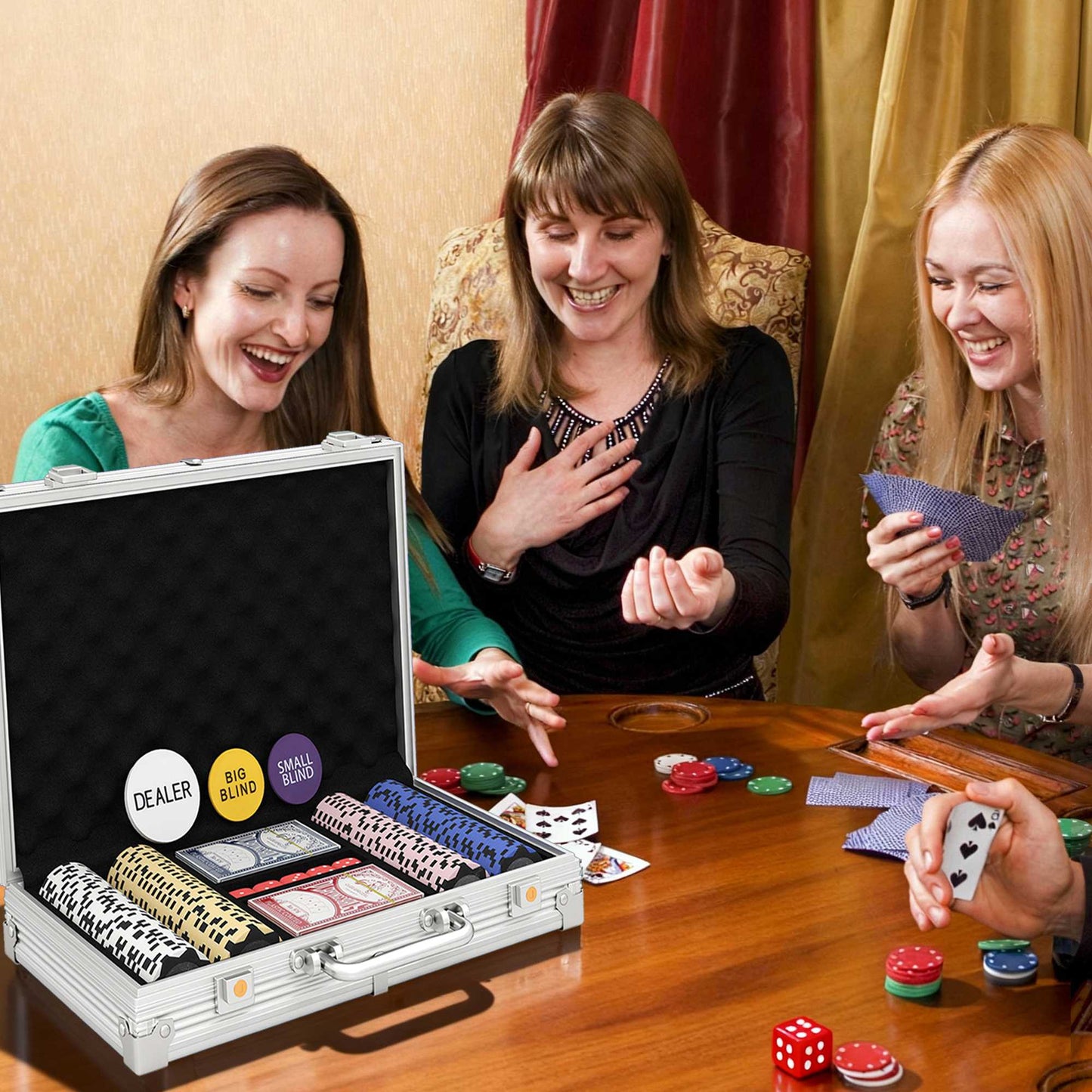Poker Chip Set with Case, Dice, Dealer Button, 2 Decks