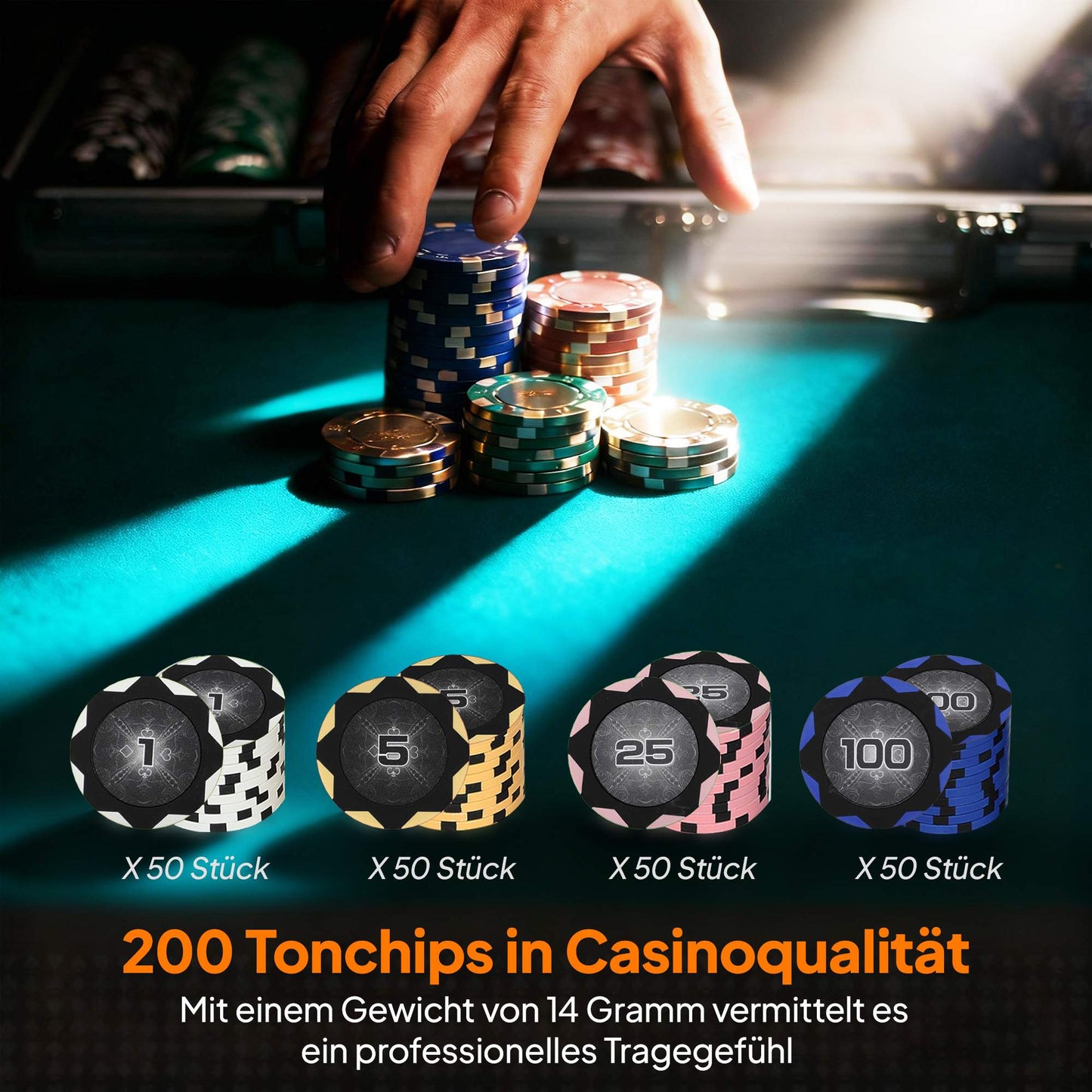 Poker Chip Set with Case, Dice, Dealer Button, 2 Decks