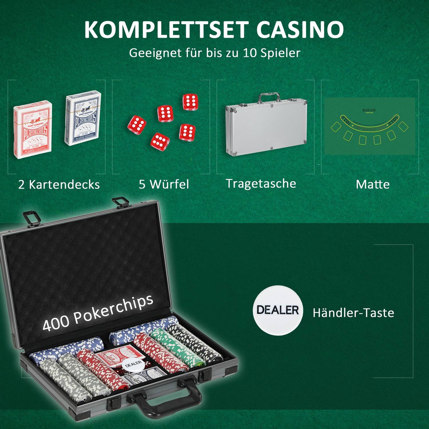 Poker set with 400 chips, play mat and aluminum case