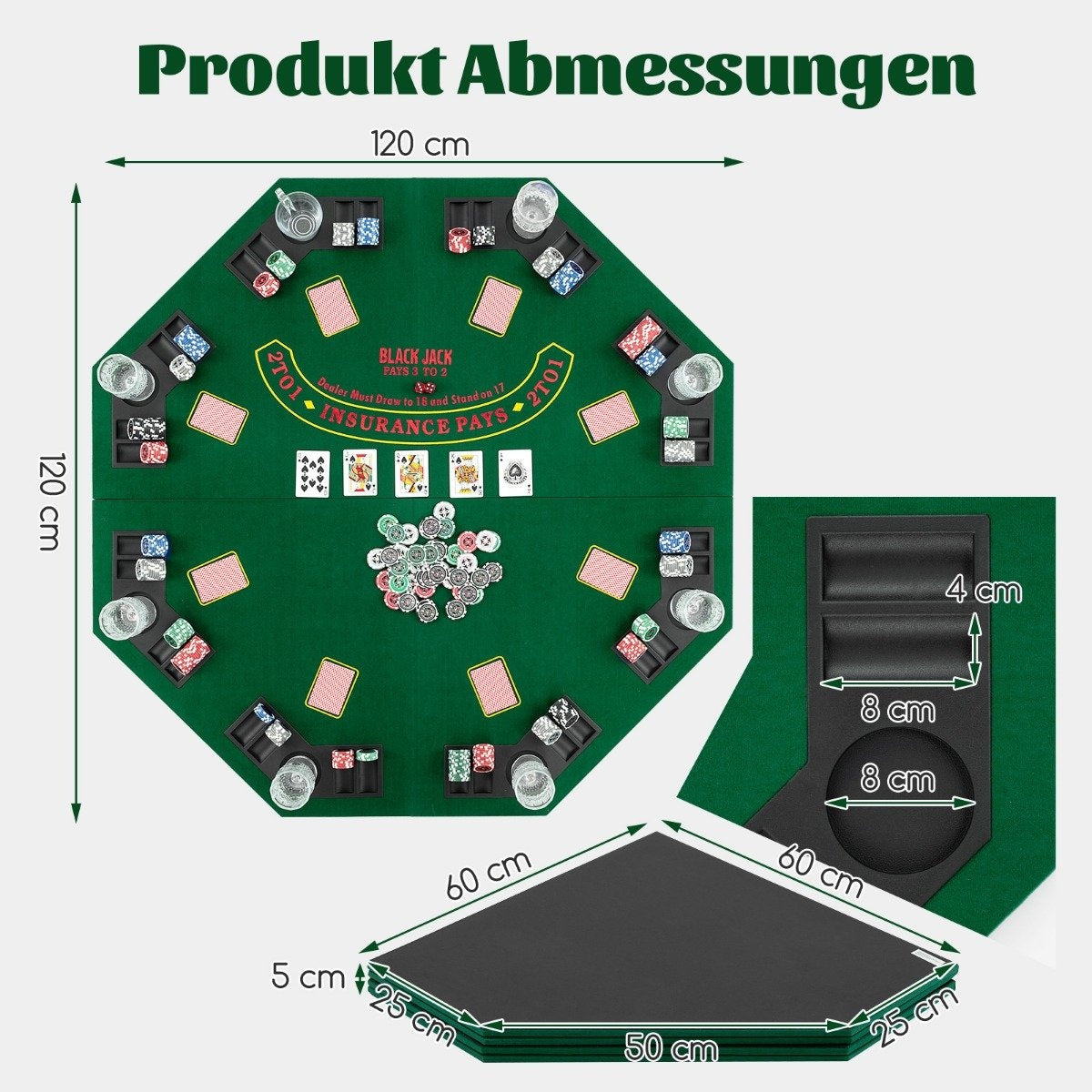Poker mat 120 x 120 cm Texas Holdem poker table cover foldable for 8 players with drink holders green