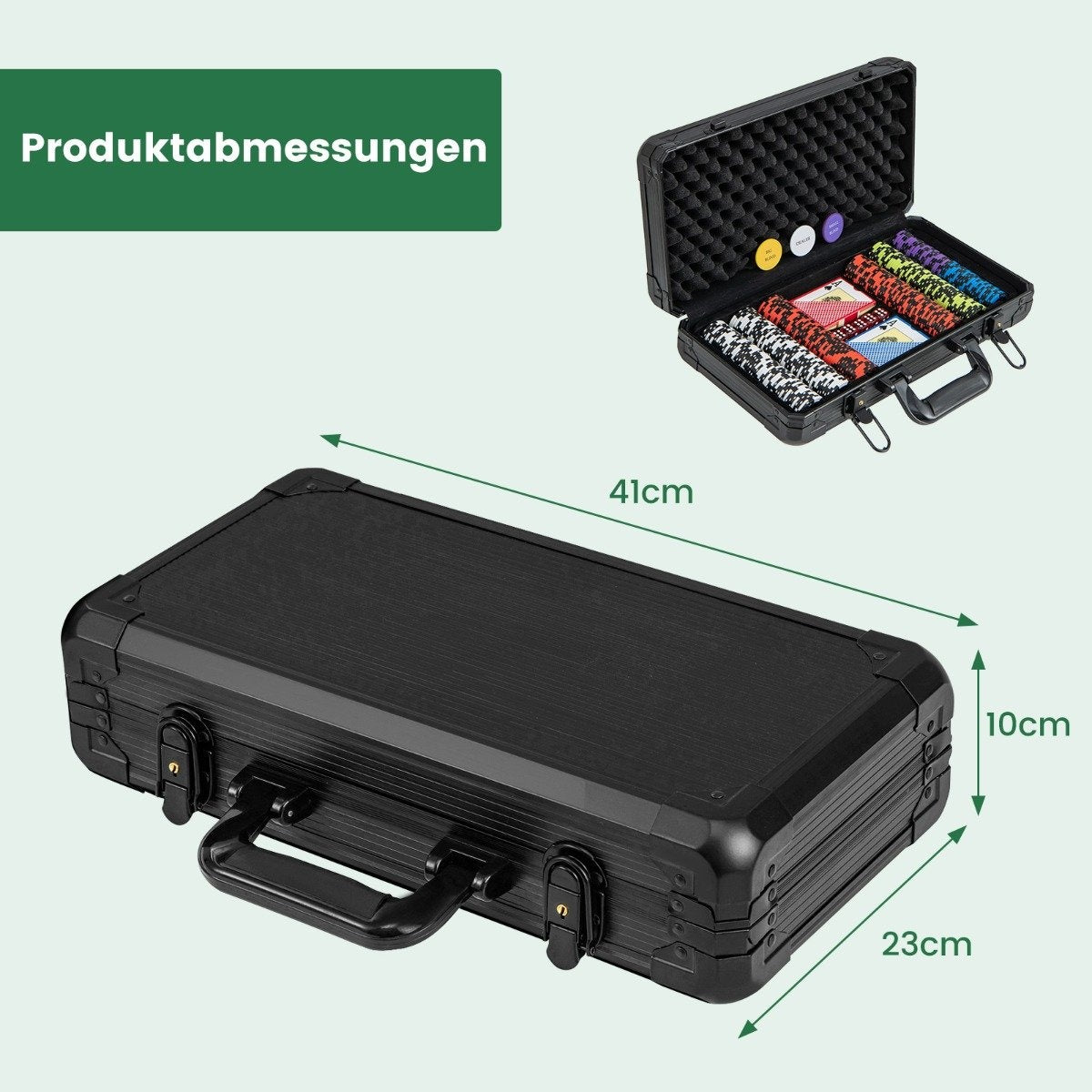 Poker set with 300 laser chips & playing cards & 5 dice & 3 dealer chips & 2 keys poker case