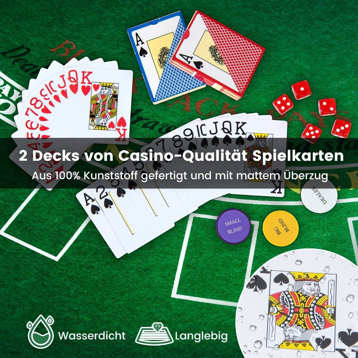 Poker set with 300 laser chips & playing cards & 5 dice & 3 dealer chips & 2 keys poker case