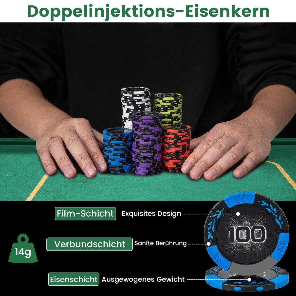Poker set with 300 laser chips & playing cards & 5 dice & 3 dealer chips & 2 keys poker case