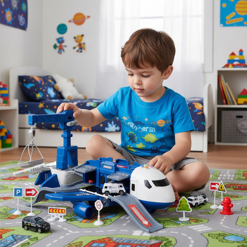 Police Plane Toy Set with Cars, Foldable Parking Lot
