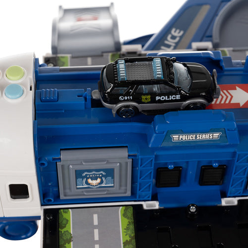 Police Plane Toy Set with Cars, Foldable Parking Lot