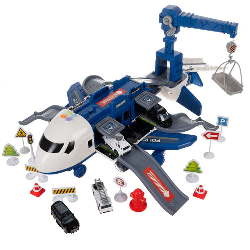 Police Plane Toy Set with Cars, Foldable Parking Lot