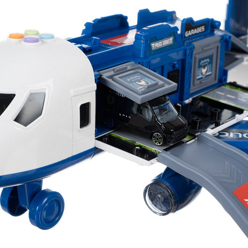 Police Plane Toy Set with Cars, Foldable Parking Lot