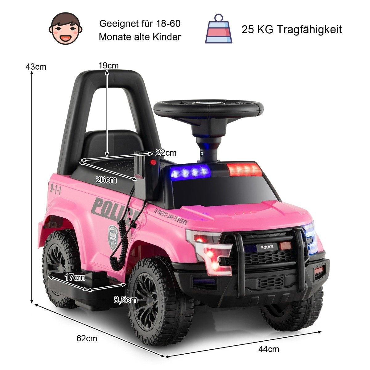 Police electric car for children 6V electric children's car with storage space pink