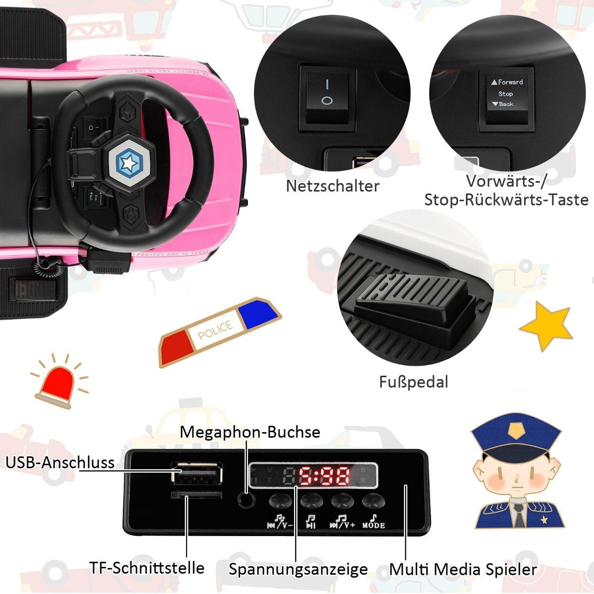 Police electric car for children 6V electric children's car with storage space pink