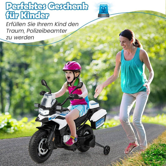 Police motorcycle for children, battery-operated motorcycle with 2 training wheels, 110 x 82.5 x 63 cm, white