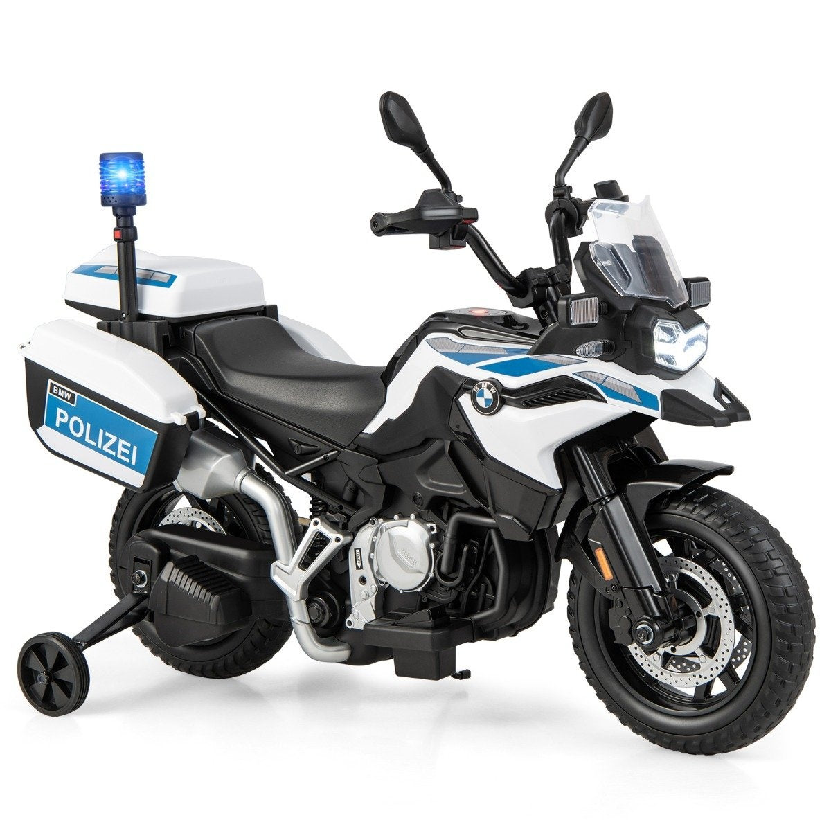 Police motorcycle for children, battery-operated motorcycle with 2 training wheels, 110 x 82.5 x 63 cm, white