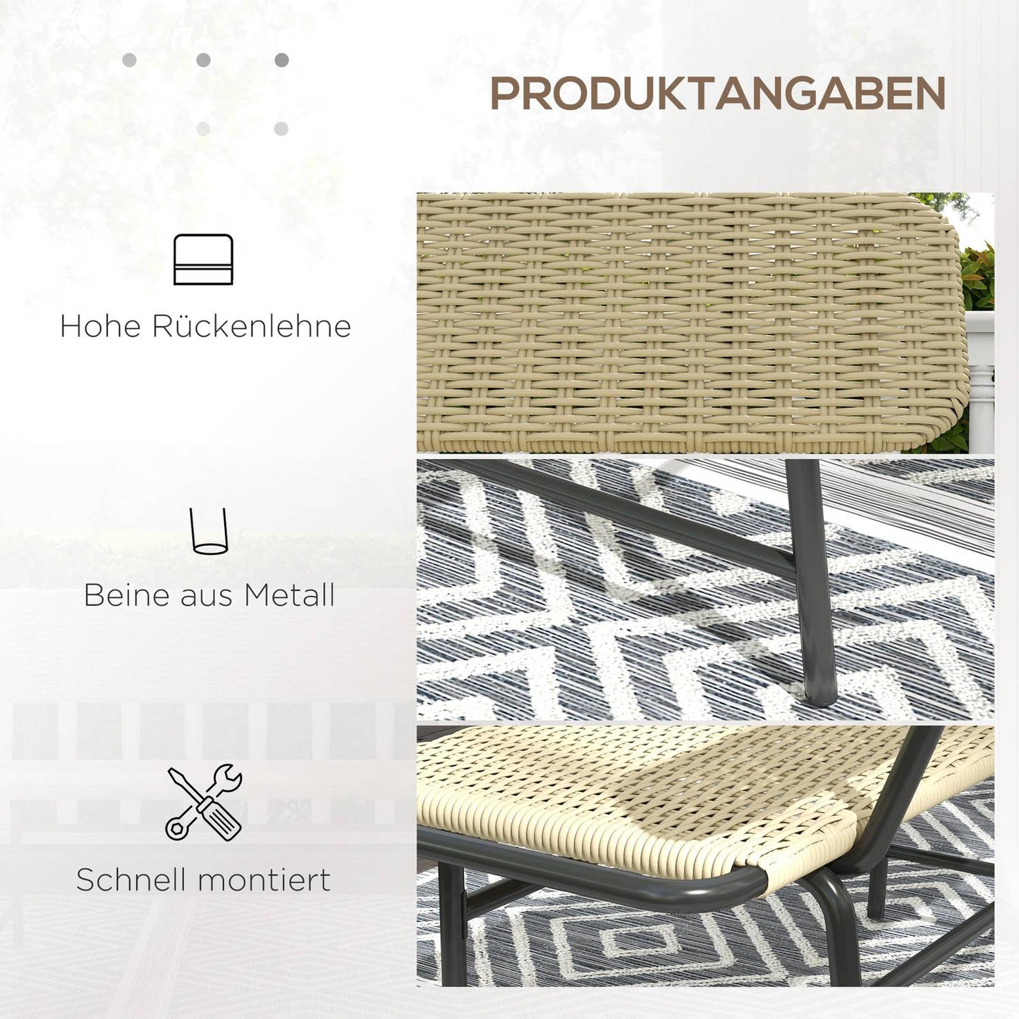2-seater poly rattan bench, metal frame, capacity 250 kg