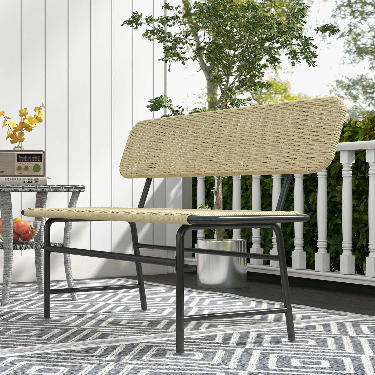 2-seater poly rattan bench, metal frame, capacity 250 kg
