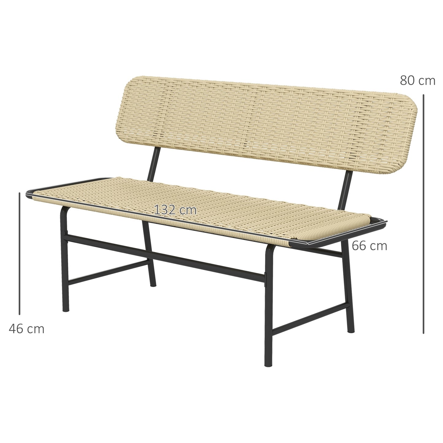 2-seater poly rattan bench, metal frame, capacity 250 kg