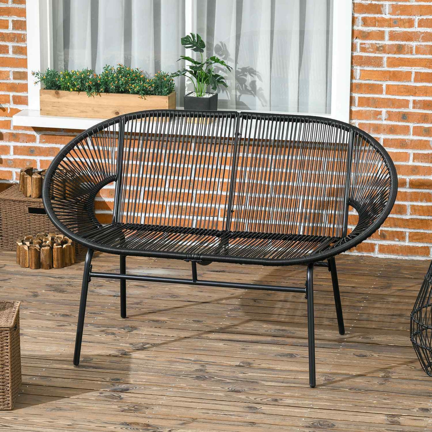 Black poly rattan 2-seater garden bench, 260 kg capacity