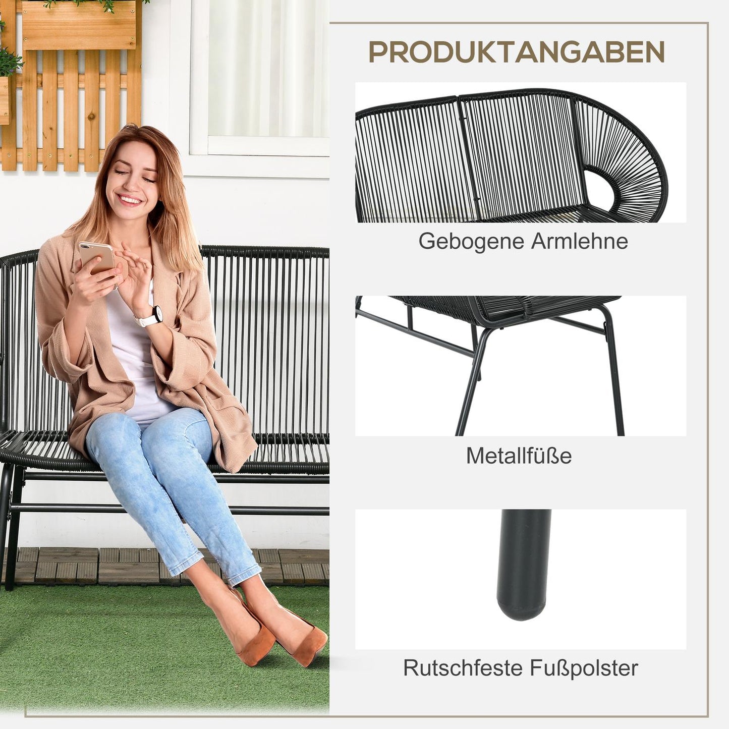Black poly rattan 2-seater garden bench, 260 kg capacity