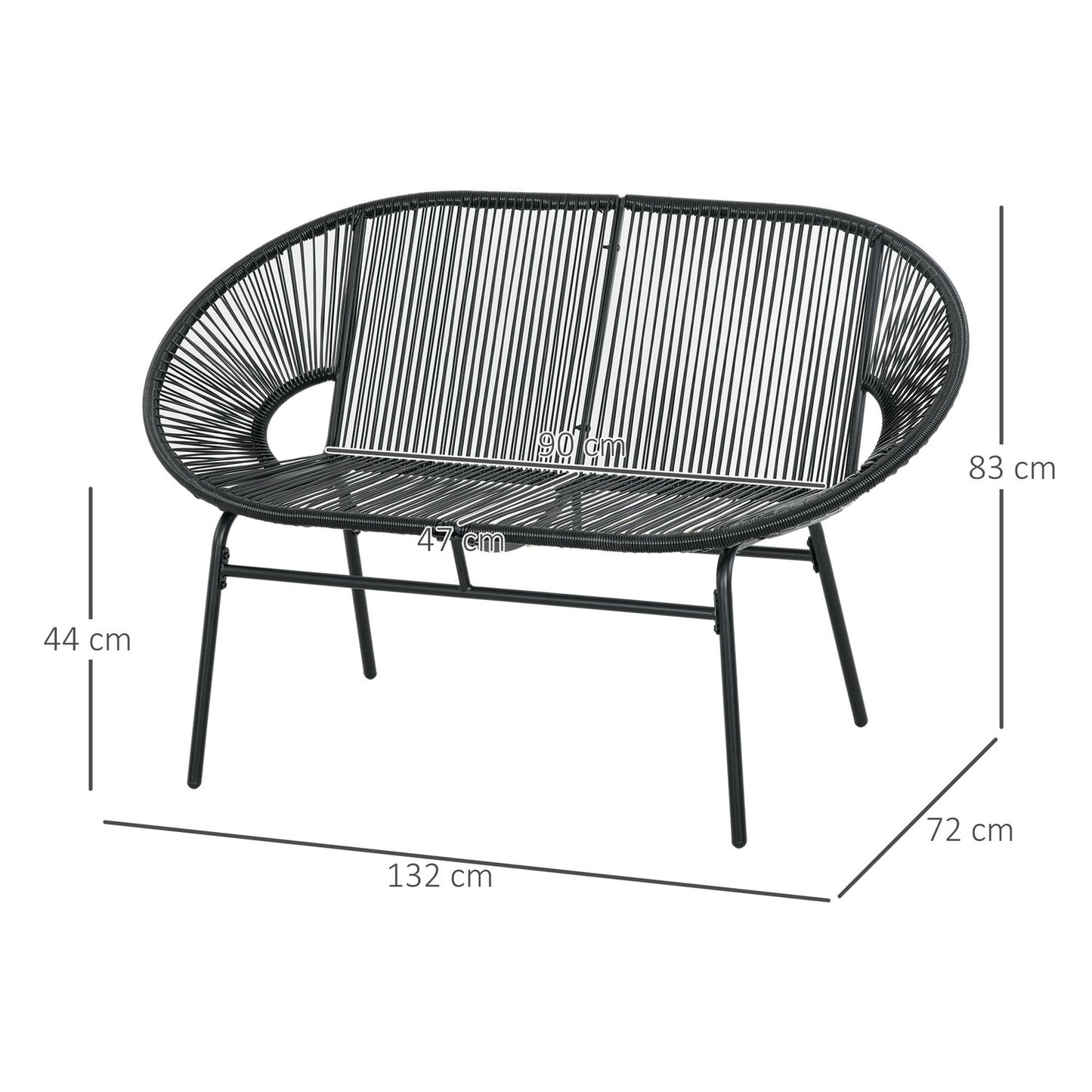Black poly rattan 2-seater garden bench, 260 kg capacity
