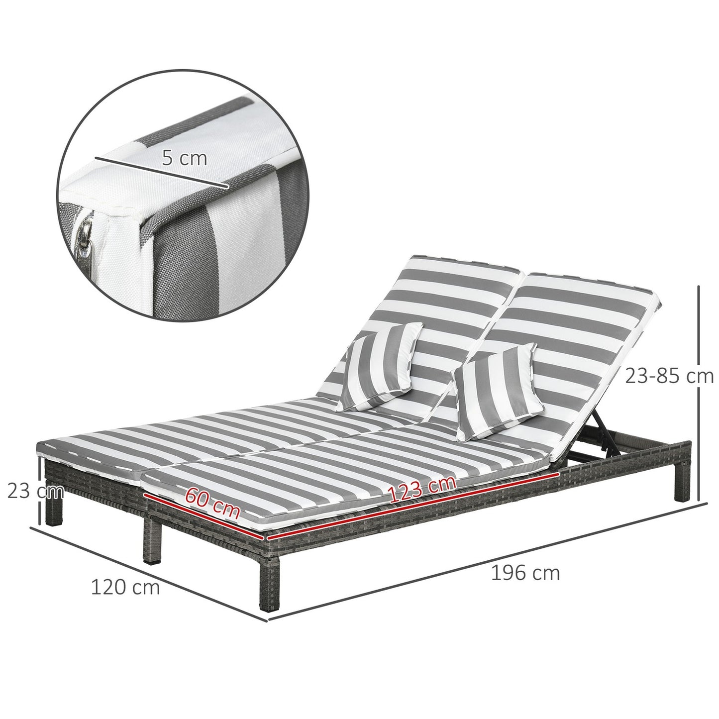 Double sun lounger in rattan for 2 with adjustable backrest
