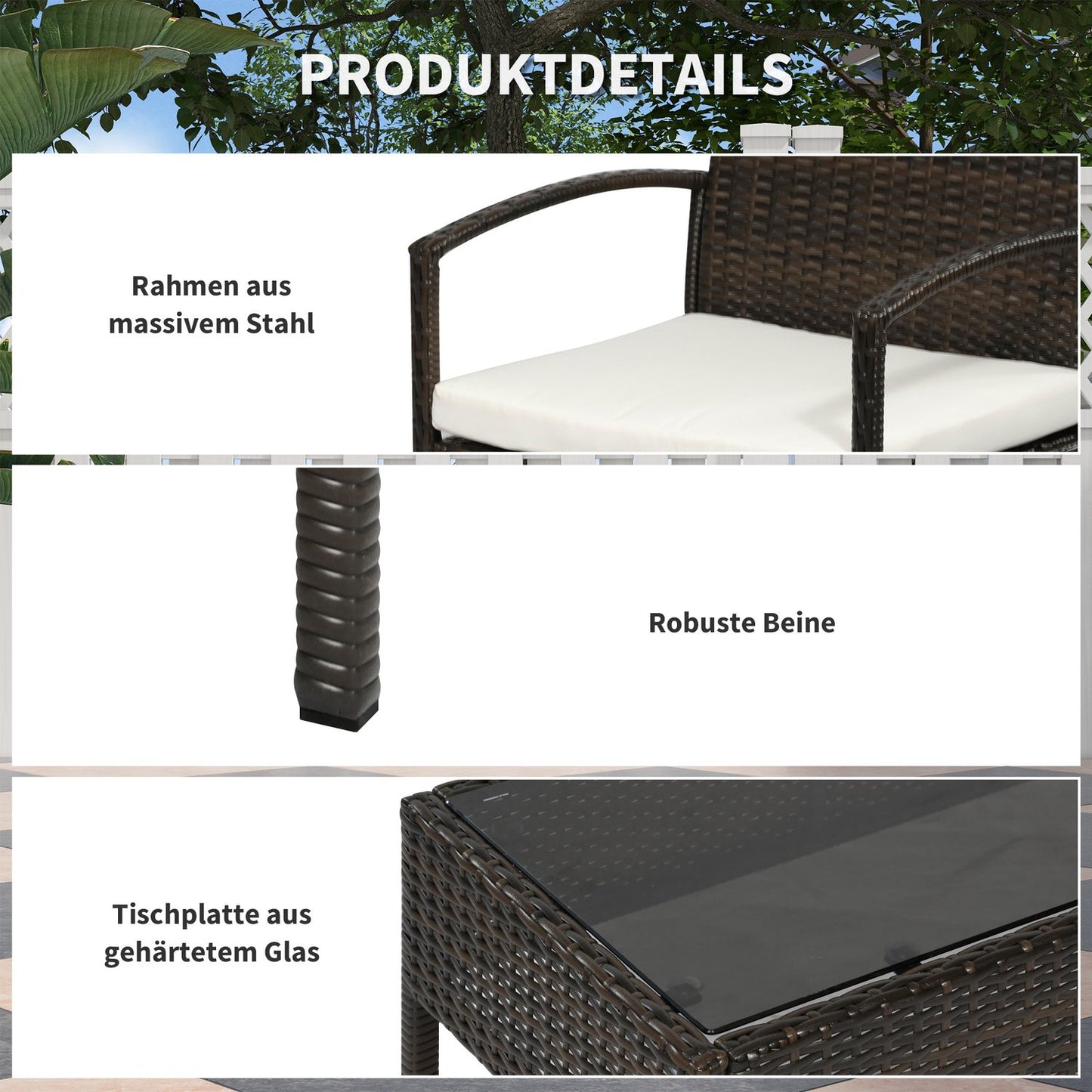 Garden sofa set in 4 parts of poly rattan, brown & cream