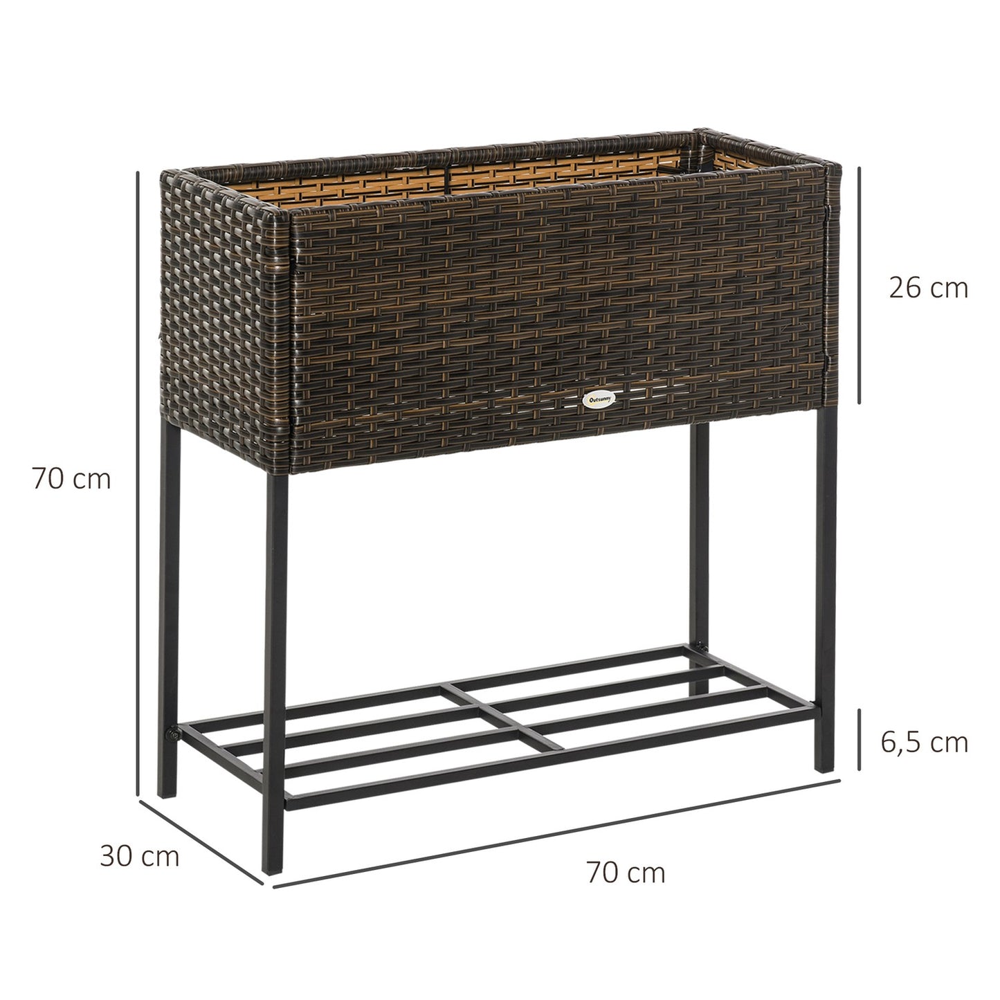 Flower box in poly rattan with shelf, brown, 70x30x72 Cm