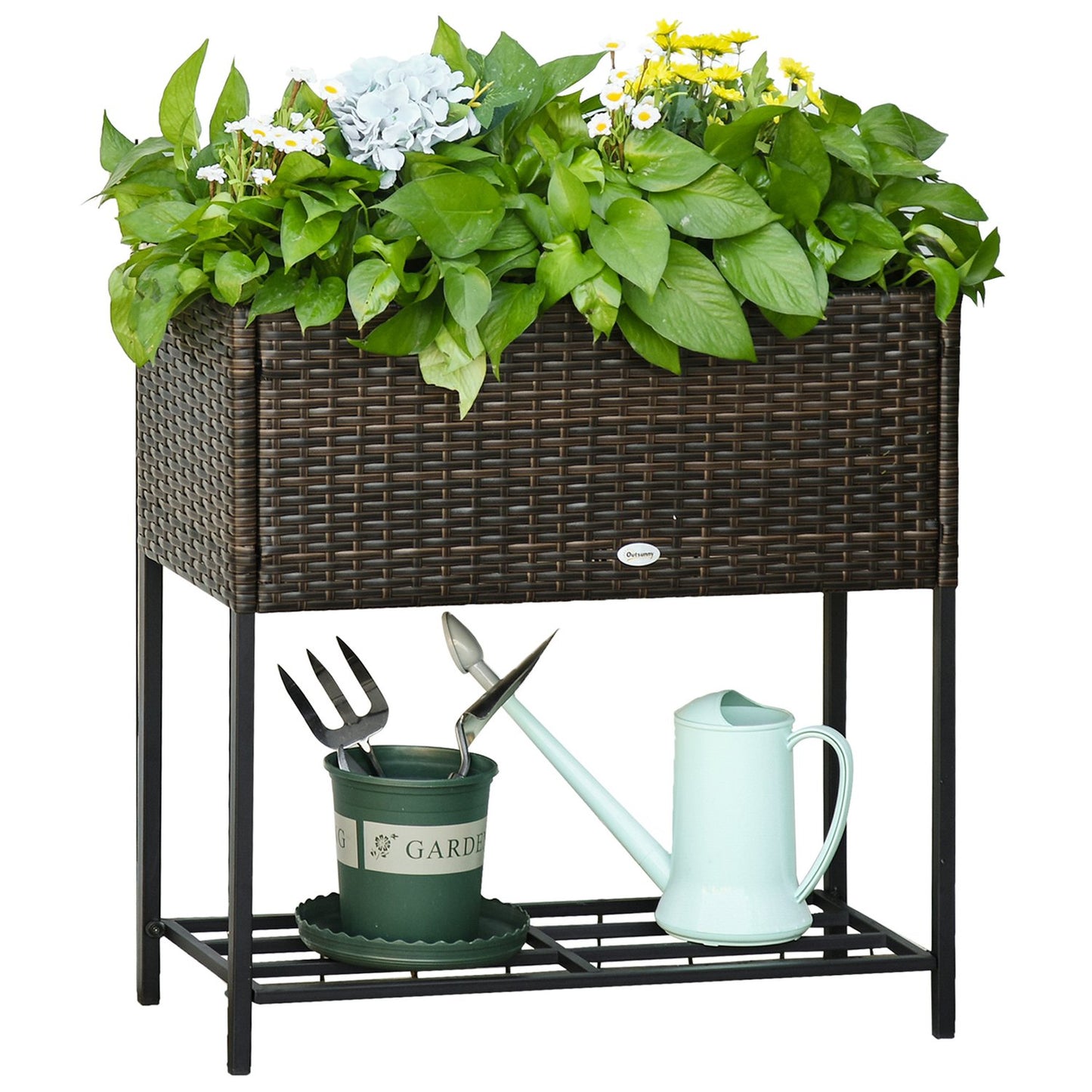 Flower box in poly rattan with shelf, brown, 70x30x72 Cm