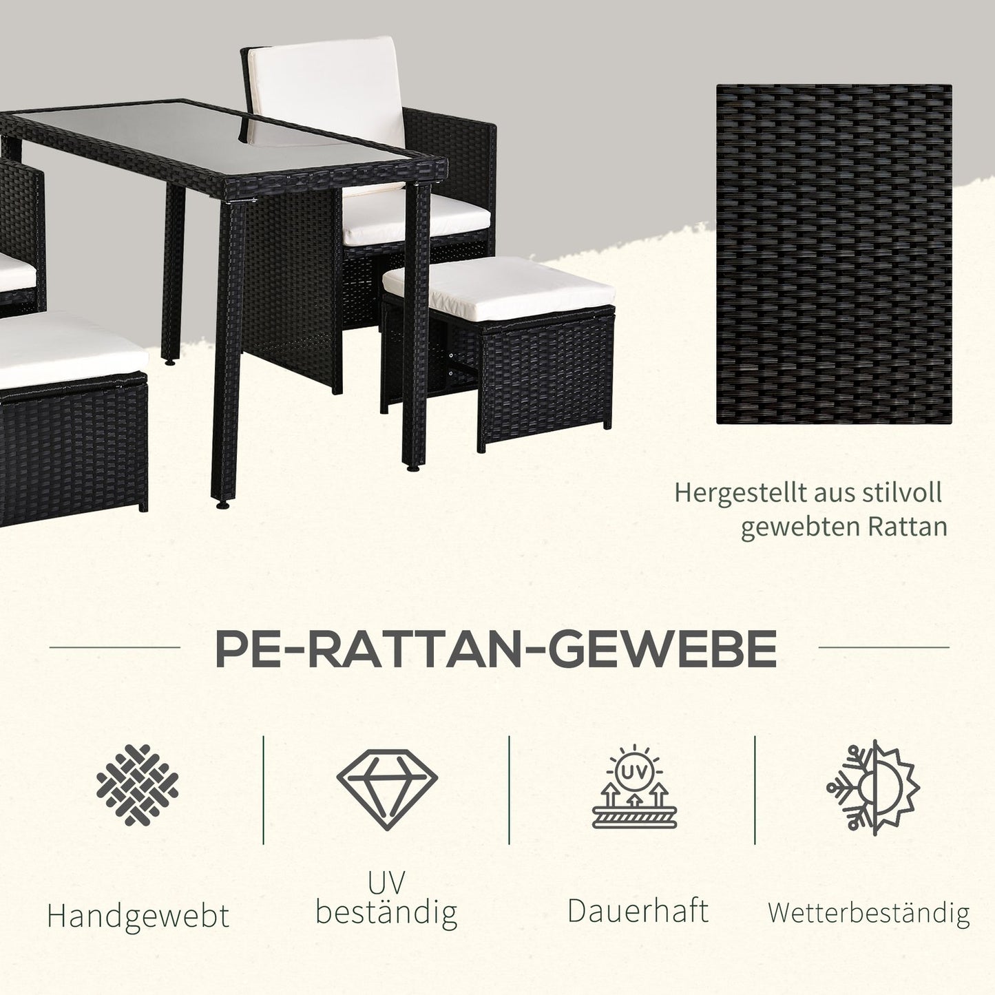 11-piece poly rattan garden dining set with black cushions