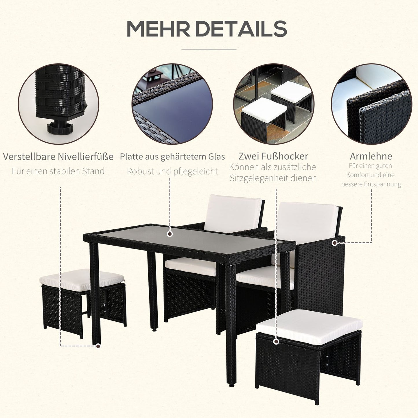 11-piece poly rattan garden dining set with black cushions