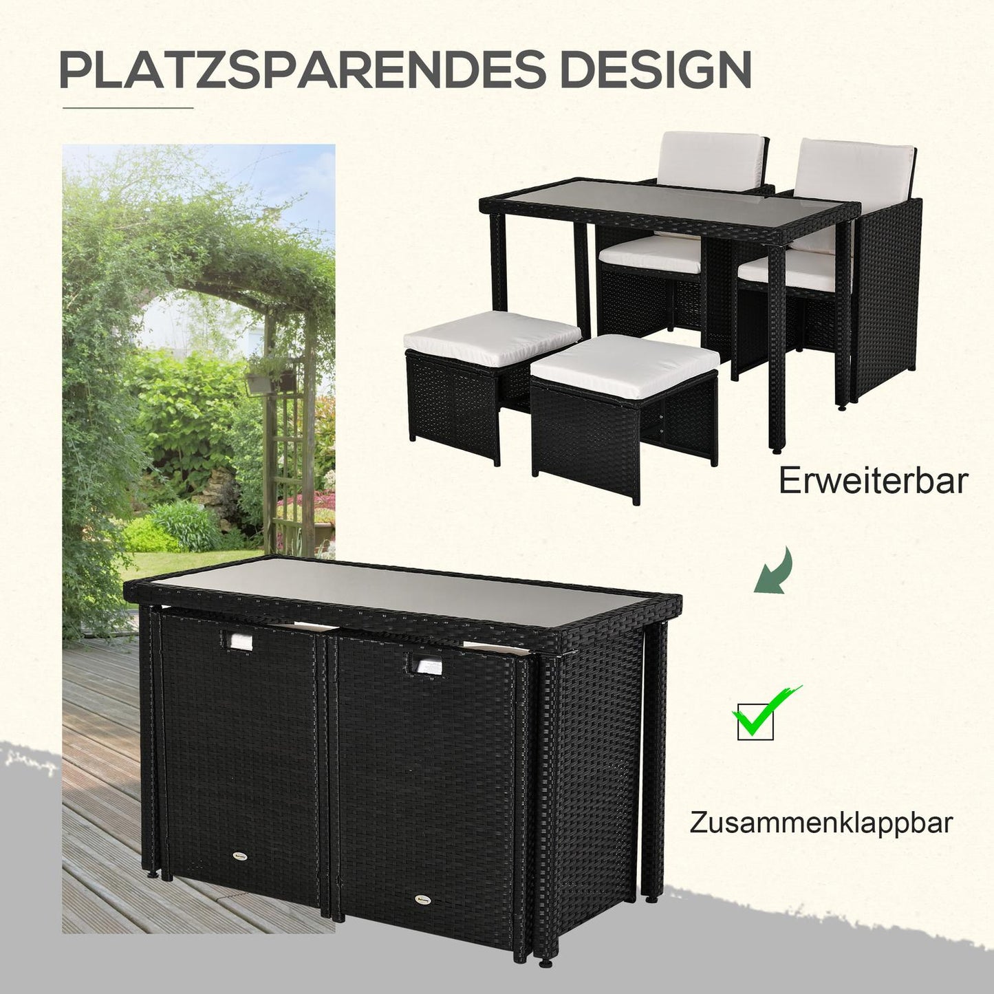 11-piece poly rattan garden dining set with black cushions
