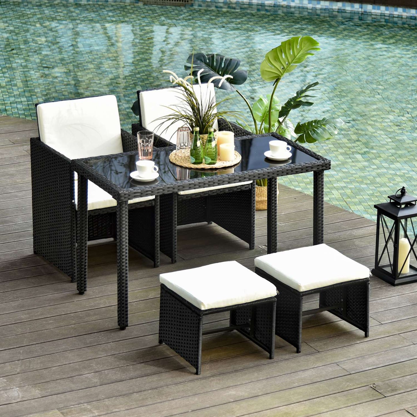 11-piece poly rattan garden dining set with black cushions