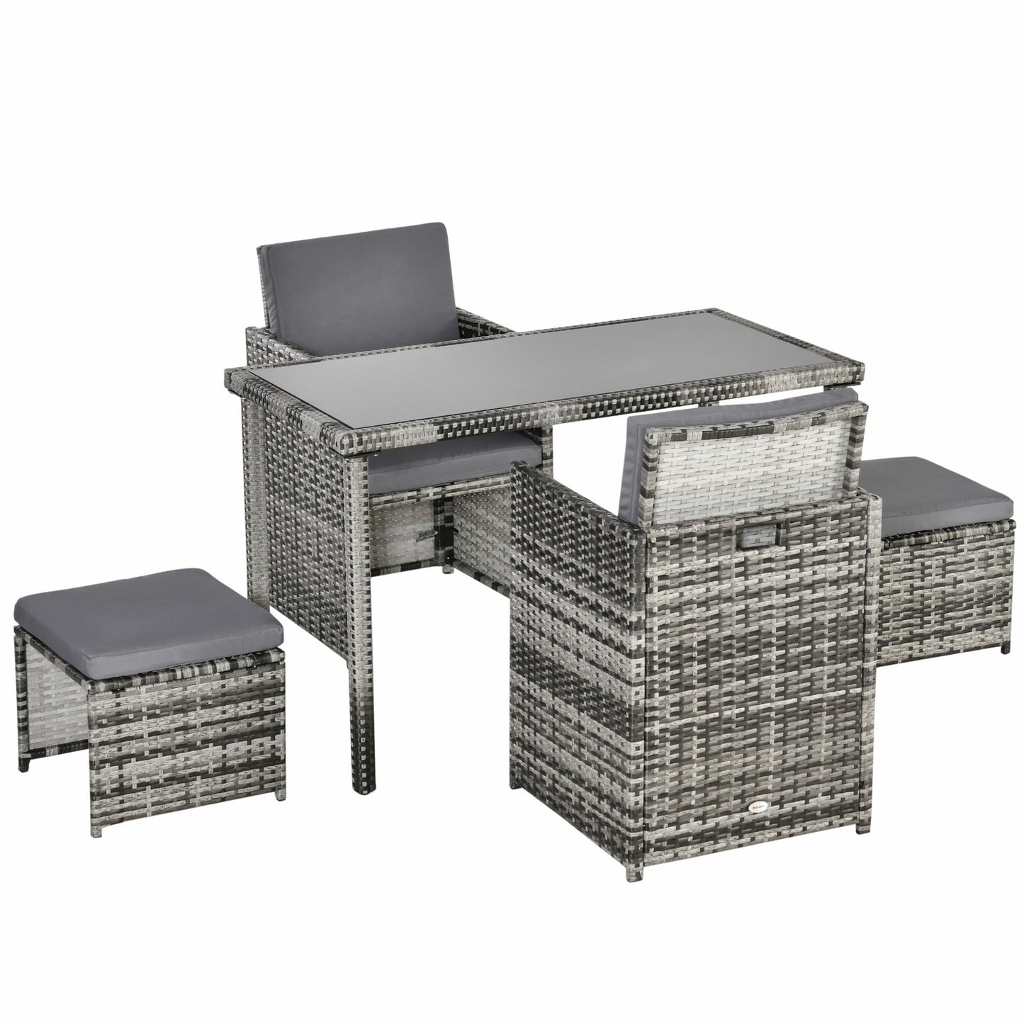 Poly rattan 4-seater garden dining set with cushions, gray